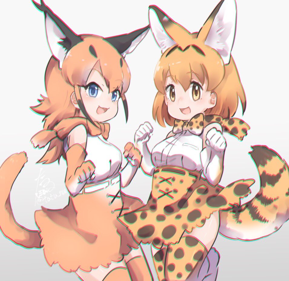 2girls :3 animal_ears belt black_hair blonde_hair blue_eyes bow bowtie caracal_(kemono_friends) caracal_ears caracal_tail commentary_request elbow_gloves eyebrows_visible_through_hair gloves high-waist_skirt jumping kemono_friends light_brown_hair multicolored_hair multiple_girls open_mouth serval_(kemono_friends) serval_ears serval_print serval_tail short_hair signature skirt sleeveless tail tatsuno_newo thigh-highs yellow_eyes