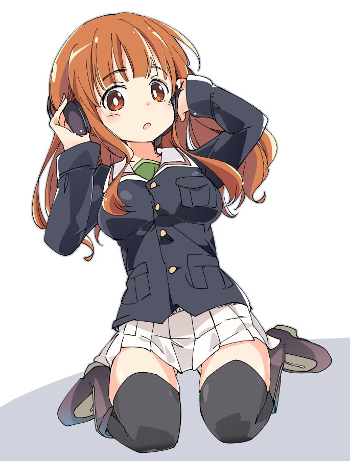 1girl black_footwear black_legwear blue_jacket boots dutch_angle full_body girls_und_panzer green_shirt ixy jacket long_hair long_sleeves looking_at_viewer military military_uniform ooarai_military_uniform orange_eyes orange_hair shirt simple_background sitting skirt solo takebe_saori thigh-highs uniform wariza white_background white_skirt