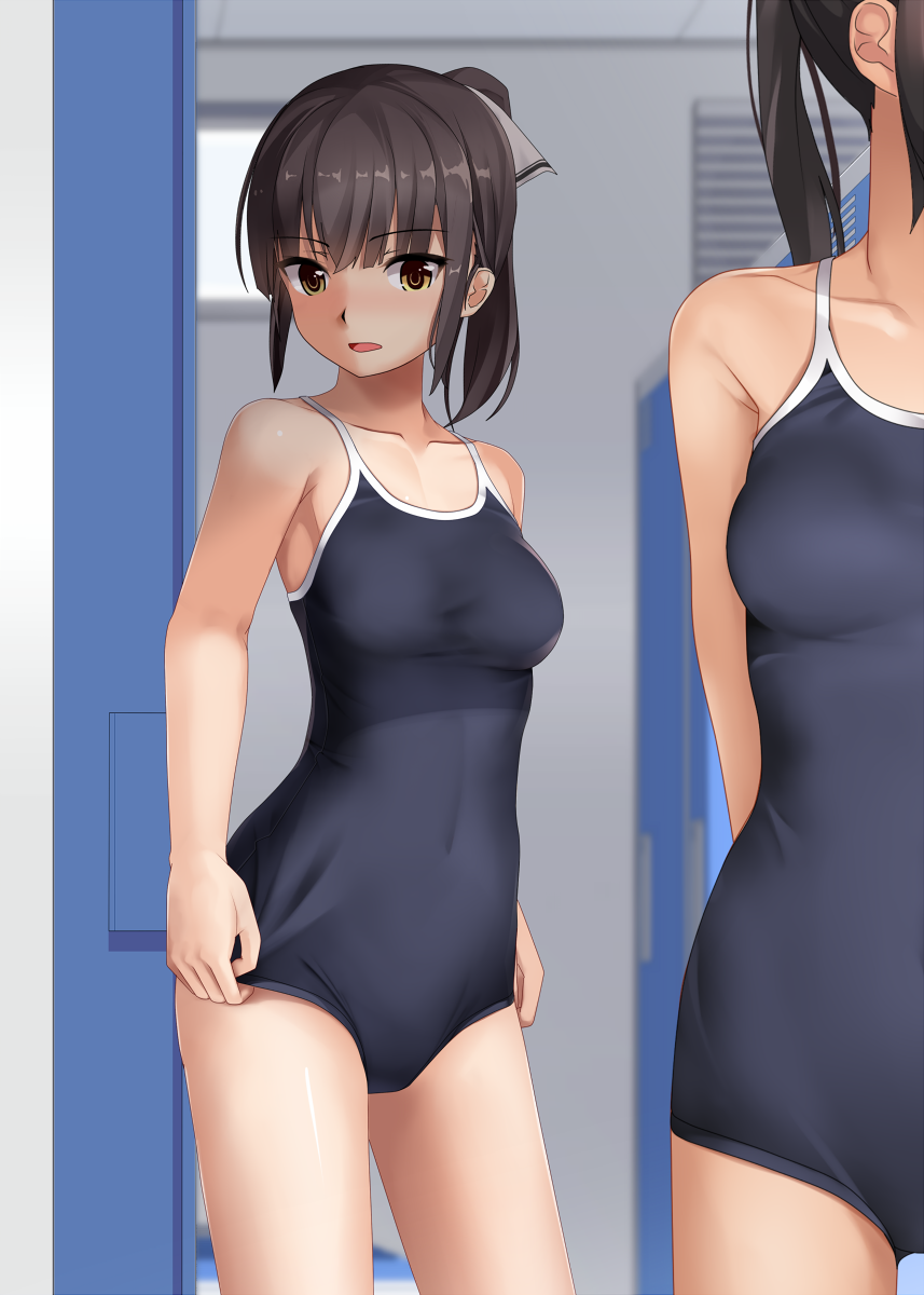 2girls adjusting_clothes adjusting_swimsuit arms_behind_back black_hair breasts brown_eyes closed_mouth collarbone competition_school_swimsuit covered_navel eto eyebrows_visible_through_hair hair_up highres indoors locker locker_room looking_at_viewer medium_breasts multiple_girls original short_hair short_ponytail standing swimsuit tan