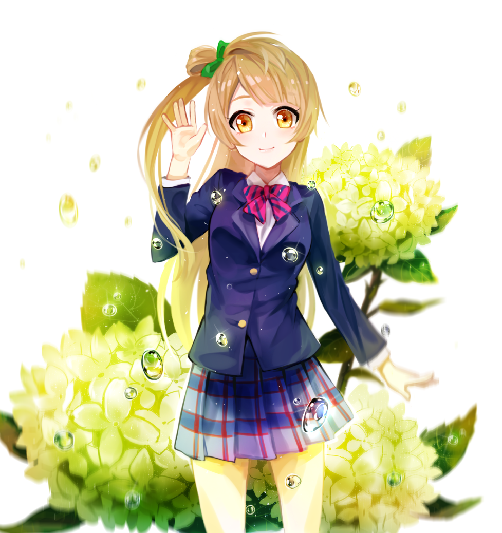 1girl berii_(cad_berry) blue_jacket blue_skirt bow bowtie brown_hair cowboy_shot flower green_bow hair_bow jacket long_hair looking_at_viewer love_live! love_live!_school_idol_project minami_kotori miniskirt pleated_skirt red_bow red_neckwear school_uniform shirt side_ponytail skirt smile solo standing striped striped_bow striped_neckwear uniform very_long_hair white_shirt yellow_eyes yellow_flower