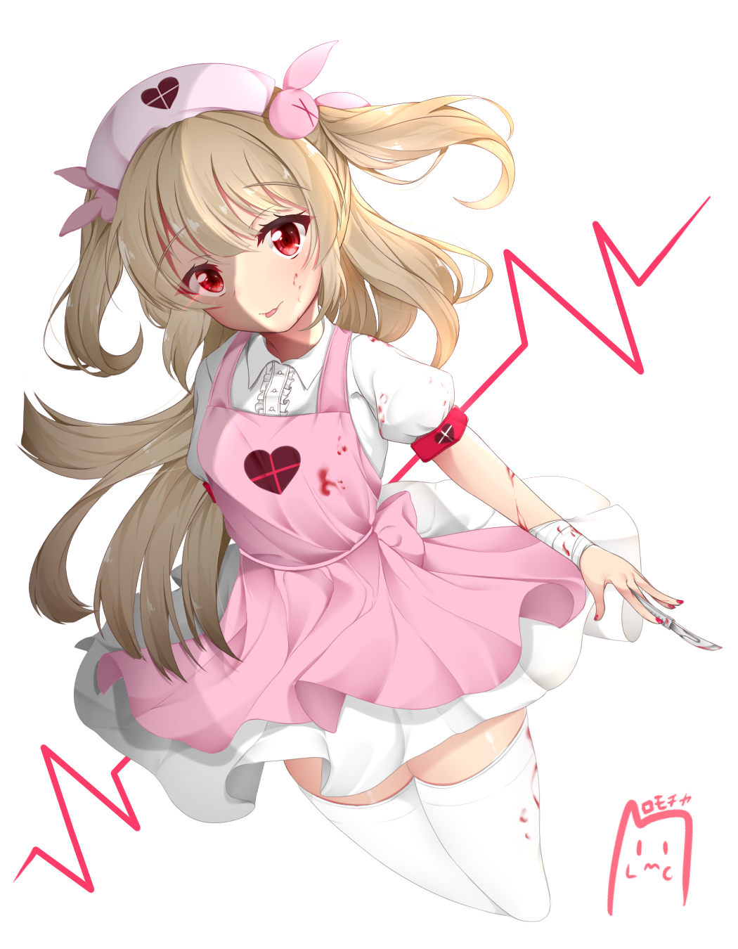 1girl :p apron bandage bangs blood blood_on_face bloody_clothes bunny_hair_ornament dress eyebrows_visible_through_hair frills hair_ornament hat heart highres lifeline light_brown_hair long_hair looking_at_viewer nail_polish natori_sana nurse_cap pink_apron pink_nails puffy_short_sleeves puffy_sleeves red_eyes romocha_(hosachi3784) sana_channel scalpel shaded_face short_sleeves smile solo thigh-highs tongue tongue_out two_side_up virtual_youtuber white_dress white_legwear wind wind_lift yandere