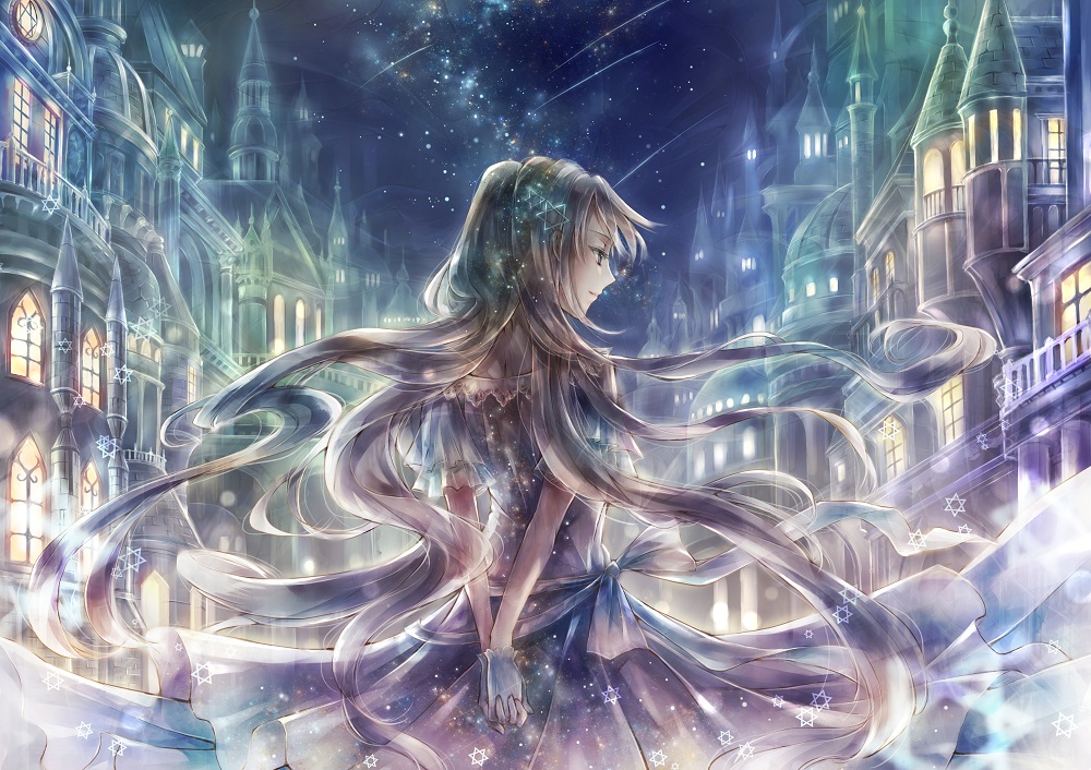 1girl arms_behind_back dress floating_hair from_behind gloves hair_ornament hands_together long_hair misaki_yuu_(misaki_1192) night original outdoors short_sleeves sky smile solo standing star star_(sky) star_hair_ornament starry_sky very_long_hair white_gloves