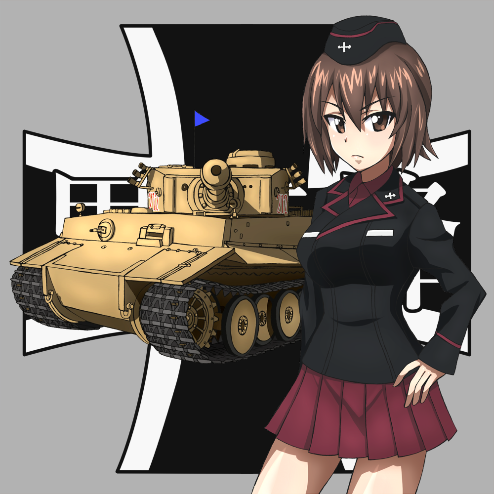 1girl bickle_(bickle1983) brown_eyes brown_hair emblem girls_und_panzer grey_background ground_vehicle kuromorimine_(emblem) kuromorimine_military_uniform military military_vehicle motor_vehicle nishizumi_maho short_hair tank tiger_i