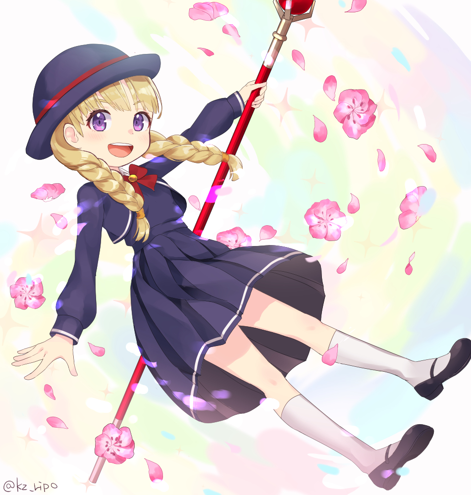 1girl :d bangs black_footwear blonde_hair bow bowtie braid cropped_jacket dragon_quest dragon_quest_xi dress flower hat holding holding_staff jacket kz_ripo left-handed long_hair long_sleeves mary_janes open_clothes open_jacket open_mouth petals pinafore_dress pink_flower puffy_long_sleeves puffy_sleeves purple_dress purple_hat purple_jacket red_bow red_neckwear shoes smile socks solo staff teeth twin_braids twitter_username veronica_(dq11) violet_eyes white_legwear