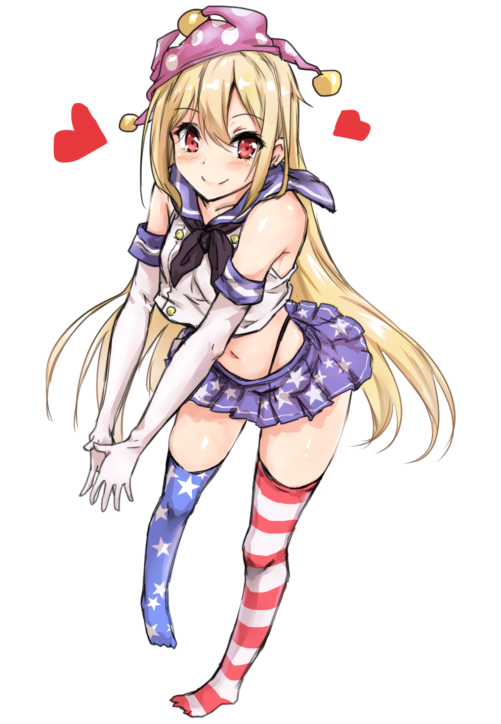 1girl amagi_(amagi626) american_flag_legwear bare_shoulders black_neckwear black_panties blonde_hair blue_skirt blush clownpiece collarbone commentary_request cosplay crop_top elbow_gloves eyebrows_visible_through_hair full_body gloves hair_between_eyes hat heart highleg highleg_panties highres jester_cap kantai_collection leaning_forward long_hair looking_at_viewer microskirt midriff navel no_shoes panties pink_hat pleated_skirt polka_dot_hat red_eyes sailor_collar school_uniform serafuku shimakaze_(kantai_collection) shimakaze_(kantai_collection)_(cosplay) shirt simple_background skirt sleeveless sleeveless_shirt smile solo standing star star_print stomach thighs touhou underwear v_arms very_long_hair white_background white_gloves white_serafuku white_shirt