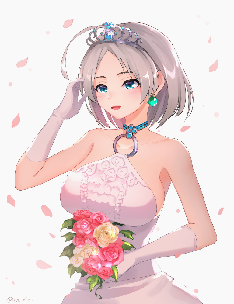 1girl :d ahoge bangs bare_shoulders blue_eyes bouquet breasts collarbone dragon_quest dragon_quest_x dress earrings elbow_gloves flower gloves grey_hair halter_dress halterneck hand_up holding holding_bouquet huge_ahoge jewelry kz_ripo large_breasts leaf o-ring open_mouth parted_bangs petals pink_flower riin_(dq10) short_hair smile solo tiara twitter_username upper_body white_dress white_flower white_gloves
