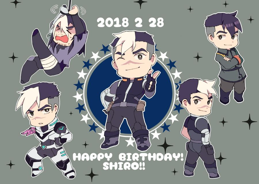 &gt;_&lt; 1boy 2018 black_hair bodysuit bound bound_wrists chibi crossed_arms dated facial_hair facial_scar fingerless_gloves gloves glowing glowing_hand grey_eyes hands_on_hips happy_birthday hyakujuu-ou_golion looking_back male_focus miyata_(lhr) multicolored_hair open_mouth scar star sweat takashi_shirogane two-tone_hair uniform voltron:_legendary_defender white_hair