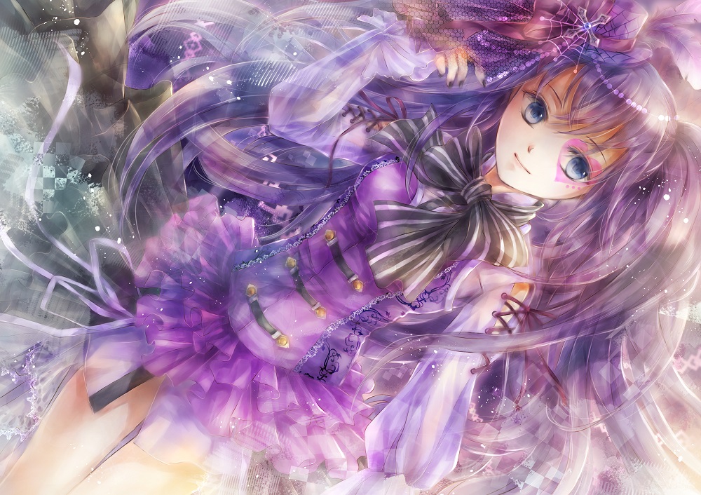 1girl black_nails blue_eyes dutch_angle facial_mark floating_hair layered_skirt long_hair miniskirt misaki_yuu_(misaki_1192) nail_polish original purple_hair purple_skirt skirt smile solo standing very_long_hair