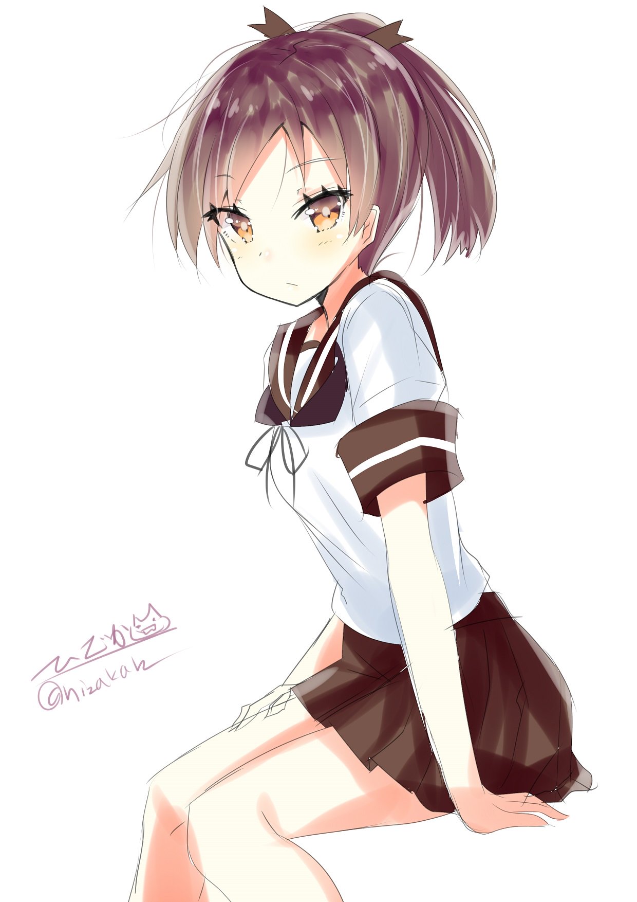 1girl blush brown_eyes brown_hair brown_skirt closed_mouth eyebrows_visible_through_hair highres hizaka kantai_collection long_hair looking_at_viewer miniskirt ponytail school_uniform serafuku shikinami_(kantai_collection) short_sleeves simple_background sitting skirt solo twitter_username white_background