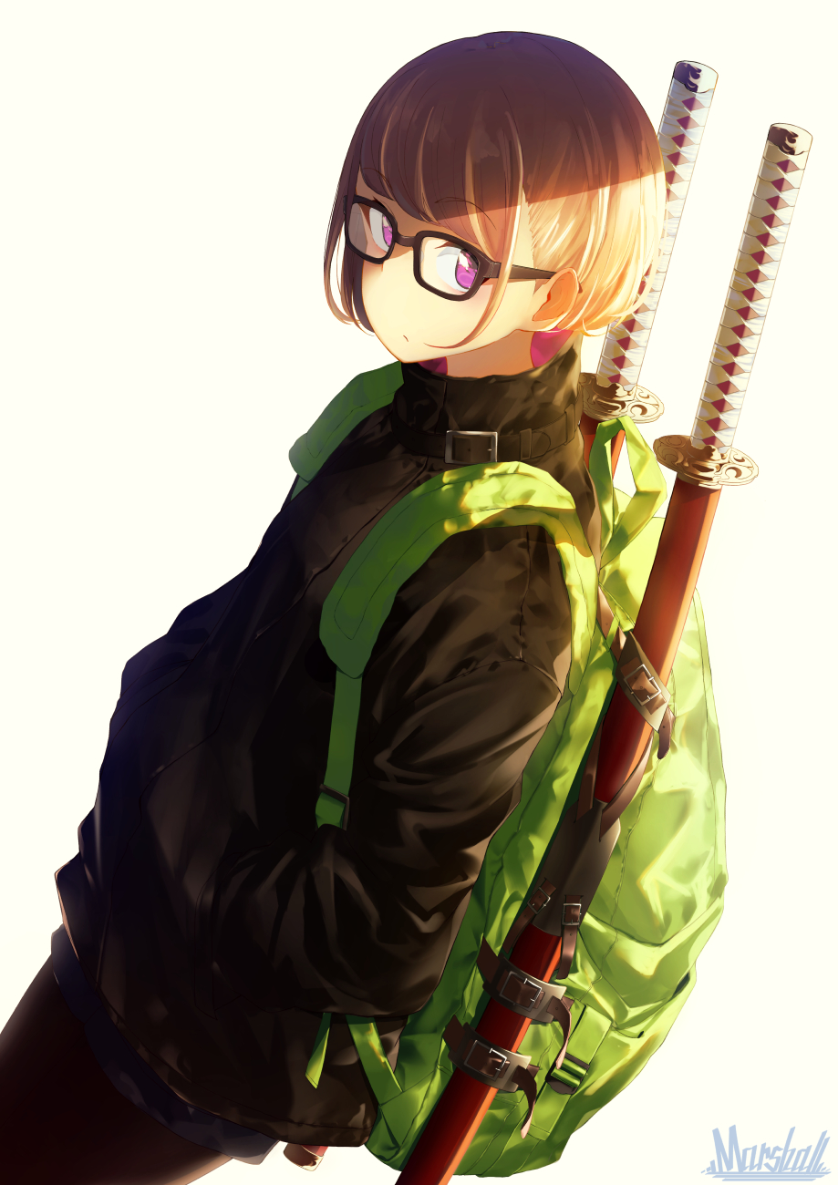 1girl androgynous artist_name backpack bag bangs black-framed_eyewear black_coat black_legwear brown_hair coat commentary_request eyebrows_visible_through_hair glasses green_backpack hands_in_pockets highres long_sleeves looking_at_viewer marshall_(wahooo) original pantyhose sheath sheathed short_hair solo sword violet_eyes weapon