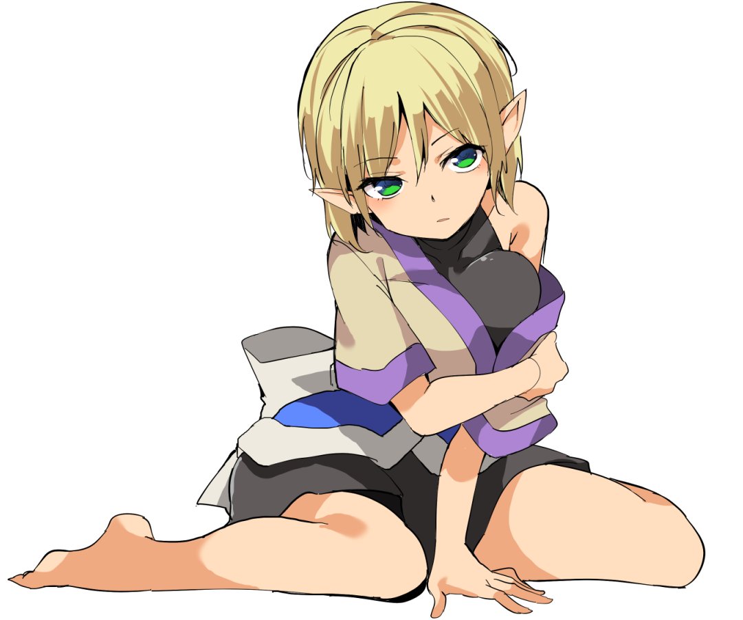 1girl bare_shoulders barefoot black_dress blonde_hair blue_skirt blush breasts brown_jacket brown_shirt dress expressionless full_body hair_between_eyes hand_on_own_elbow hasebe_yuusaku head_tilt jacket layered_clothing legs looking_at_viewer medium_breasts mizuhashi_parsee off_shoulder parted_lips pointy_ears shirt short_dress short_hair sidelocks simple_background sitting skirt sleeveless sleeveless_dress solo thighs tight_dress touhou wariza white_background