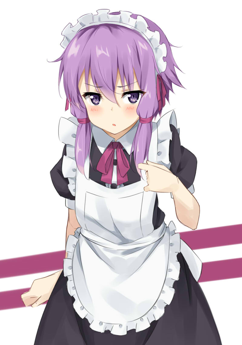 1girl alternate_costume apron arm_at_side bangs black_dress blush center_frills collared_dress commentary_request dress enmaided eyebrows_visible_through_hair frilled_apron frills hair_between_eyes hair_ribbon hand_up kohakope long_hair looking_at_viewer maid maid_apron maid_headdress neck_ribbon parted_lips puffy_short_sleeves puffy_sleeves purple_hair purple_ribbon ribbon short_sleeves sidelocks solo v-shaped_eyebrows violet_eyes vocaloid voiceroid white_apron white_background yuzuki_yukari