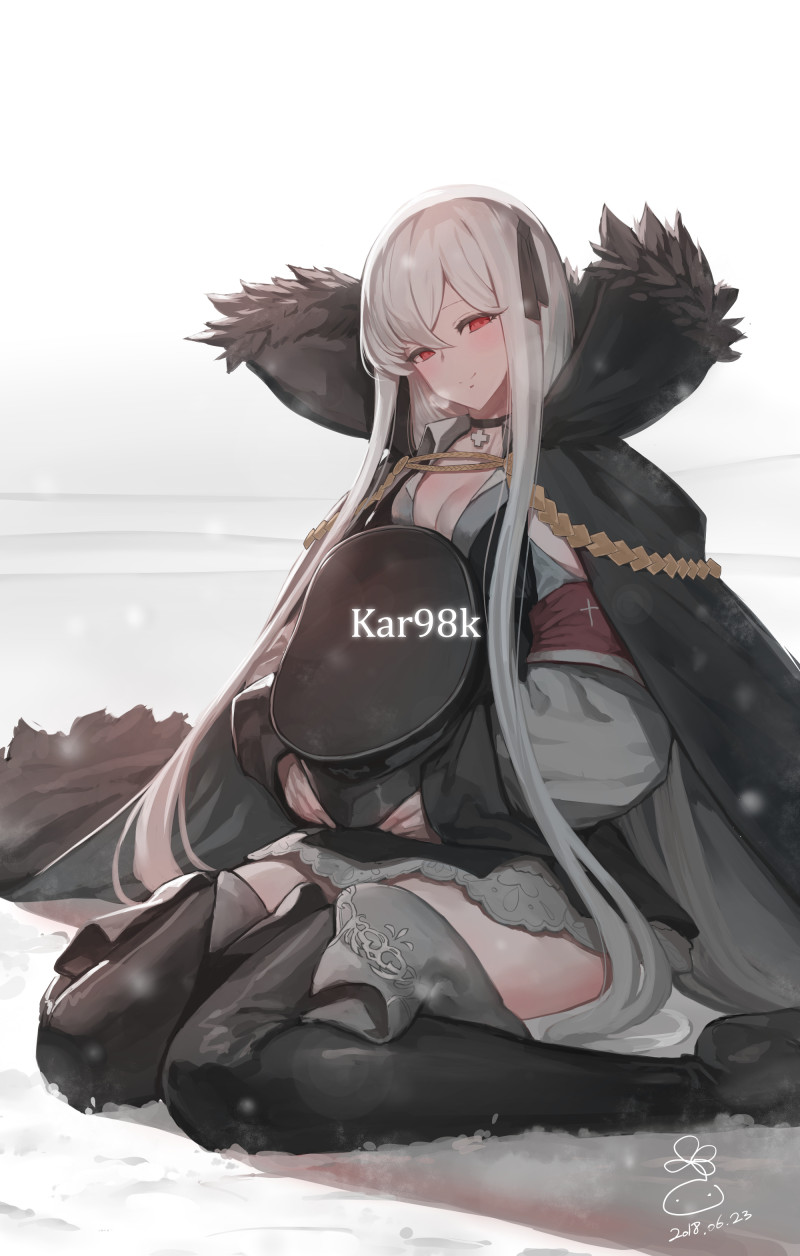 1girl aiguillette armband bangs black_coat black_footwear black_hat black_ribbon black_skirt blush boots breasts character_name choker cleavage coat collared_shirt commentary cross_choker dated fur-trimmed_coat fur_trim girls_frontline hair_between_eyes hair_ribbon half-closed_eyes hat hat_removed head_tilt headwear_removed highres holding holding_hat iron_cross jacket_on_shoulders kar98k_(girls_frontline) long_hair looking_at_viewer medium_breasts outdoors oversized_clothes peaked_cap red_eyes ribbon shirt sidelocks signature silver_hair sitting skirt smile snow snowing solo suerte thigh-highs thigh_boots thighs very_long_hair wariza