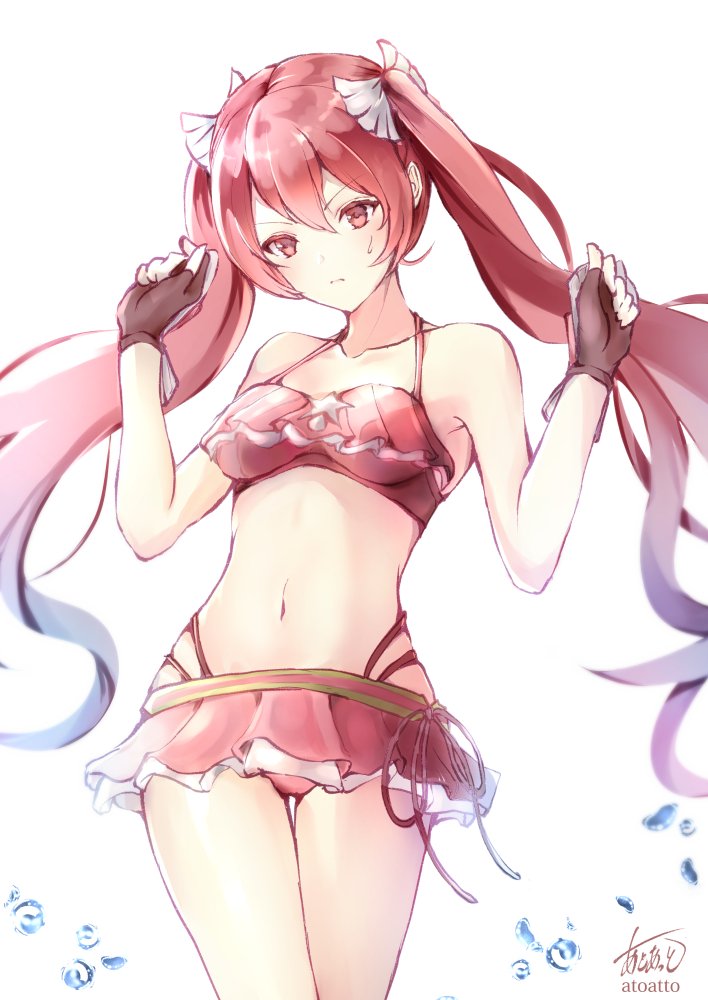 1girl atoatto bikini blush breasts fire_emblem fire_emblem:_kakusei fire_emblem_heroes gloves long_hair navel open_mouth red_eyes redhead selena_(fire_emblem) simple_background smile solo swimsuit twintails white_background