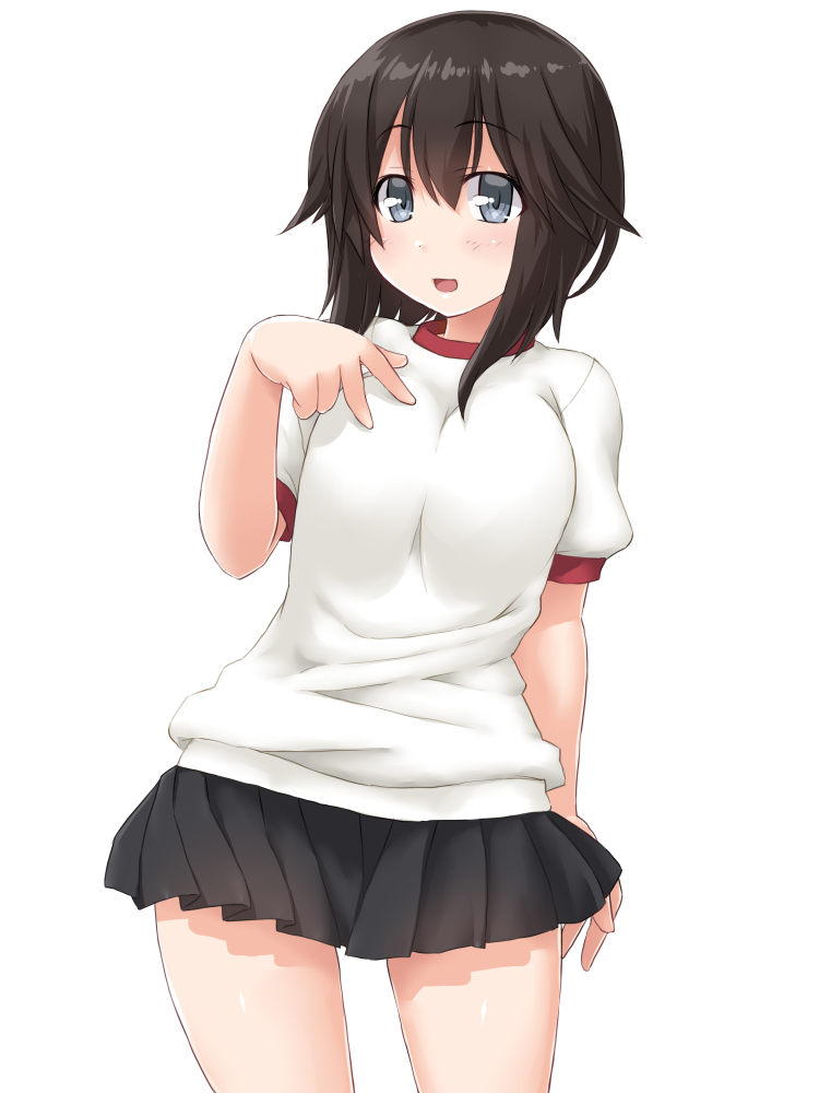 1girl black_hair black_skirt blush breasts dd_(ijigendd) grey_eyes gym_shirt hand_on_own_chest hayasui_(kantai_collection) kantai_collection looking_at_viewer medium_breasts miniskirt open_mouth pleated_skirt shirt short_hair short_sleeves skirt smile solo standing white_background white_shirt