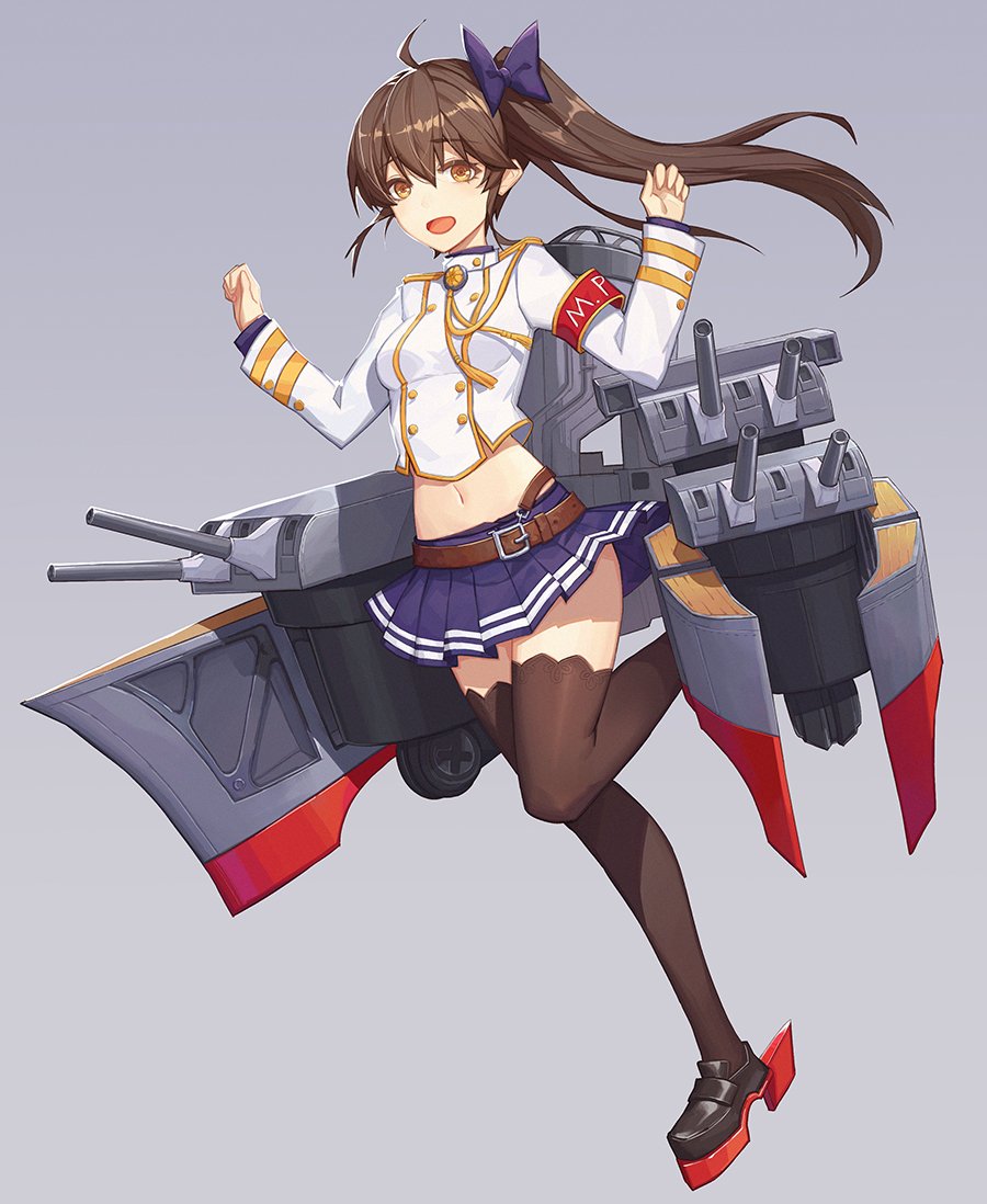 1girl armband belt black_footwear black_hair black_legwear blue_skirt brown_eyes character_request copyright_request full_body furutaka_(cruiser) jacket loafers long_hair long_sleeves looking_at_viewer machinery midriff military_jacket miniskirt mvp navel open_mouth pleated_skirt shoes side_ponytail simple_background skirt solo standing standing_on_one_leg thigh-highs white_jacket youxuemingdie