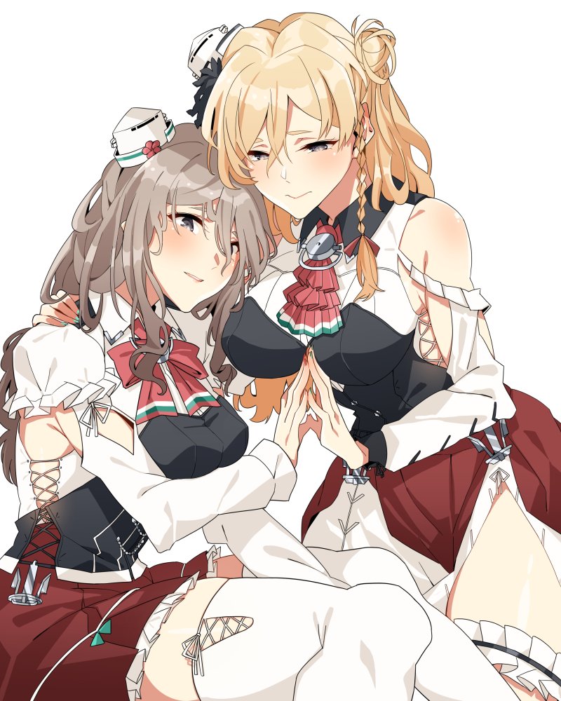 2girls anchor asakawa_(outeq) ascot bare_shoulders blonde_hair blush braid breasts brown_eyes closed_eyes commentary corset cowboy_shot fingernails frilled_skirt frills grey_hair hair_between_eyes hair_ornament hand_on_another's_shoulder hat kantai_collection large_breasts layered_skirt light_brown_hair long_hair long_sleeves looking_at_viewer mini_hat miniskirt multiple_girls parted_lips pola_(kantai_collection) remodel_(kantai_collection) shirt side_braid simple_background skirt thick_eyebrows thigh-highs wavy_hair white_background white_legwear white_shirt zara_(kantai_collection)