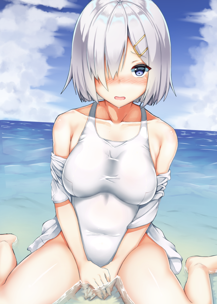 1girl blue_eyes blush breasts clouds cloudy_sky eyes_visible_through_hair hair_ornament hair_over_one_eye hairclip hamakaze_(kantai_collection) hcci_pcci jacket kantai_collection large_breasts ocean one-piece_swimsuit school_swimsuit short_hair silver_hair sitting sky solo swimsuit tears track_jacket wariza water white_jacket white_school_swimsuit white_swimsuit