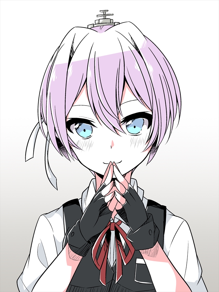 1girl bangs black_gloves blue_eyes blush fingerless_gloves gloves hair_between_eyes hair_ribbon hikobae kantai_collection looking_at_viewer neck_ribbon pink_hair red_ribbon ribbon shiranui_(kantai_collection) shirt short_hair sketch smile solo upper_body white_ribbon white_shirt