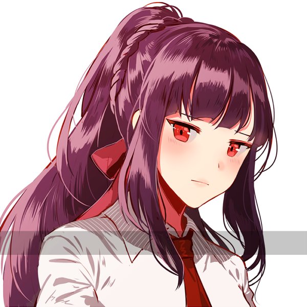 1girl alternate_hairstyle bangs blush closed_mouth collared_shirt eyebrows_visible_through_hair girls_frontline hair_ribbon long_hair looking_at_viewer necktie ponytail purple_hair red_eyes red_neckwear red_ribbon ribbon shirt sidelocks silence_girl simple_background solo upper_body very_long_hair wa2000_(girls_frontline) white_background white_shirt