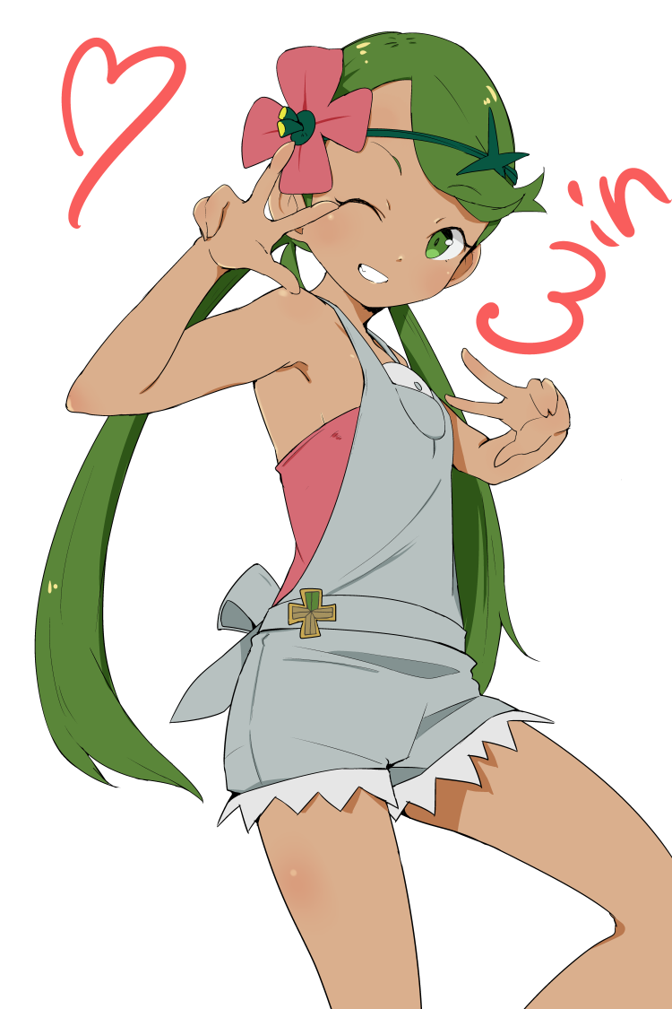 1girl clenched_teeth dark_skin double_v eyebrows_visible_through_hair flower green_eyes green_hair green_hairband grey_shorts hair_flower hair_ornament hairband long_hair looking_at_viewer mallow_(pokemon) ninchan one_eye_closed pokemon pokemon_(game) pokemon_sm shorts simple_background smile solo teeth twintails v white_background