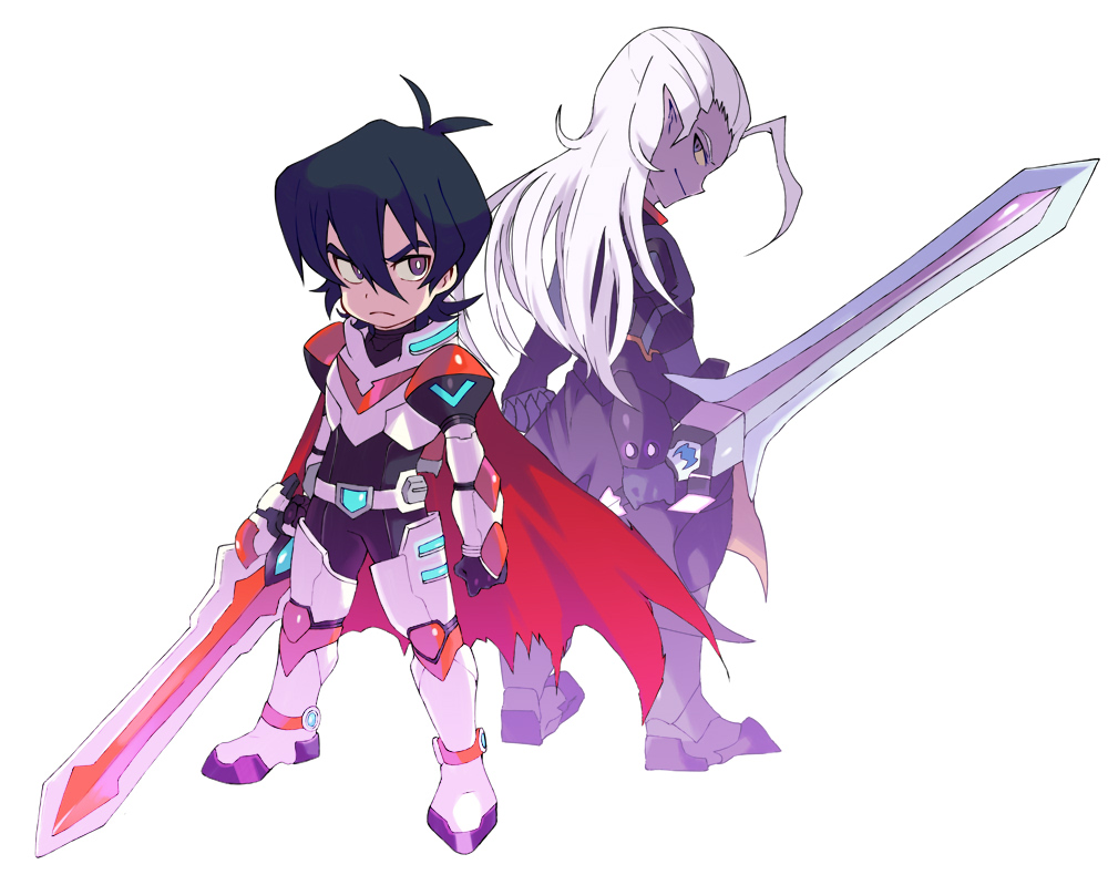 2boys back-to-back black_hair bodysuit cape grey_eyes hyakujuu-ou_golion keith_(voltron) lotor_(voltron) male_focus miyata_(lhr) multiple_boys pointy_ears purple_skin sword violet_eyes voltron:_legendary_defender weapon white_hair yellow_sclera