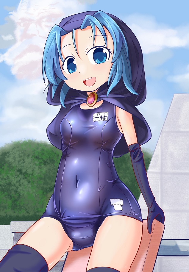 1girl black_gloves black_legwear blue_eyes blue_hair blue_sky blue_swimsuit clouds covered_navel cowboy_shot elbow_gloves gloves hood kickboard kumoi_ichirin looking_at_viewer name_tag open_mouth outdoors reform_(tayo_reform) school_swimsuit shiny shiny_clothes short_hair sky smile solo swimsuit thigh-highs touhou unzan