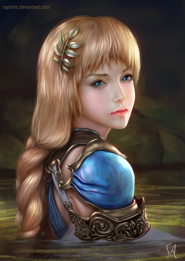 1girl armor armored_dress bangs blonde_hair blue_eyes braid closed_mouth commentary deviantart_username from_behind hair_ornament long_hair looking_at_viewer looking_back partially_submerged pauldrons raphire red_lips shoulder_pads signature single_braid solo sophitia_alexandra soul_calibur water