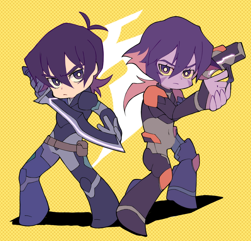 1boy 1girl black_hair bodysuit facial_mark fighting_stance grey_eyes gun hyakujuu-ou_golion keith_(voltron) krolia miyata_(lhr) mother_and_son purple_hair purple_skin sword violet_eyes voltron:_legendary_defender weapon yellow_sclera