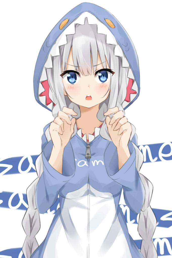 1girl animal_hood bangs blue_eyes blush braid breasts clothes_writing commentary_request eyebrows_visible_through_hair hair_between_eyes hands_up hood hood_up kizuna_akari kohakope long_hair long_sleeves looking_at_viewer low_twintails medium_breasts open_mouth shark_costume shark_hood silver_hair solo twin_braids twintails upper_teeth v-shaped_eyebrows very_long_hair voiceroid white_background wide_sleeves