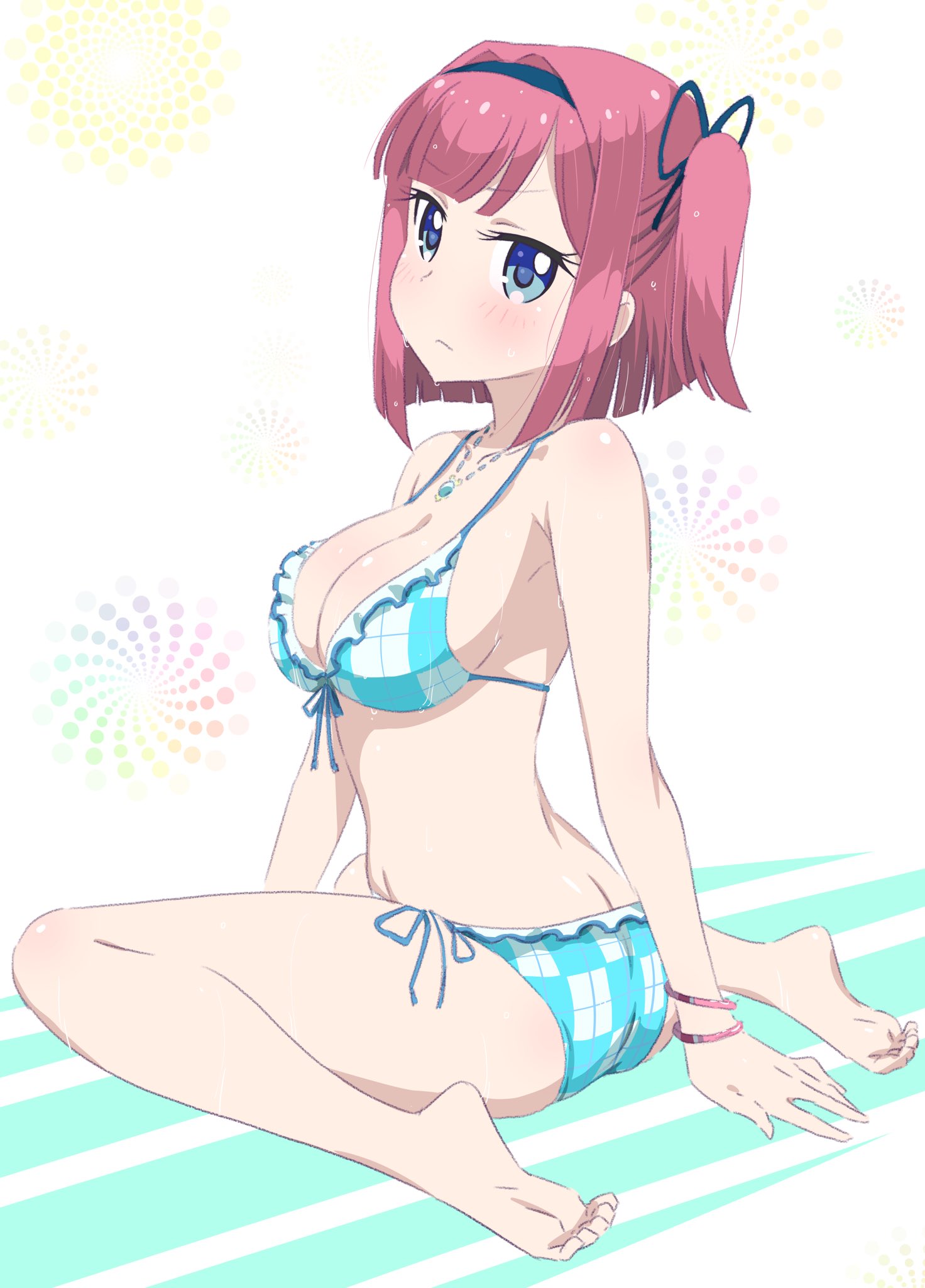 1girl arm_support ass bangs barefoot bikini blue_bikini blue_eyes blue_hairband blue_ribbon bracelet breasts butt_crack cleavage collarbone eyebrows_visible_through_hair front-tie_bikini front-tie_top full_body hair_ribbon hairband highres jewelry looking_at_viewer medium_breasts mochizuki_momiji necklace new_game! one_side_up pink_x redhead ribbon shiny shiny_skin short_hair side-tie_bikini sidelocks sitting solo swept_bangs swimsuit wet white_background