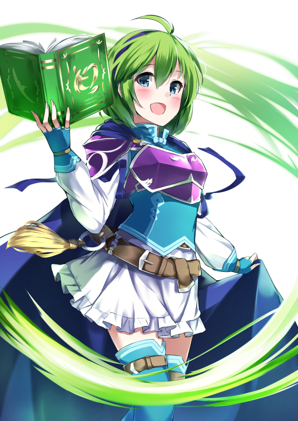 1girl :d blue_eyes blush book breastplate cape fire_emblem fire_emblem:_rekka_no_ken fire_emblem_heroes gloves green_hair hairband highres holding holding_book looking_at_viewer nino_(fire_emblem) okomeinu open_mouth short_hair skirt smile solo