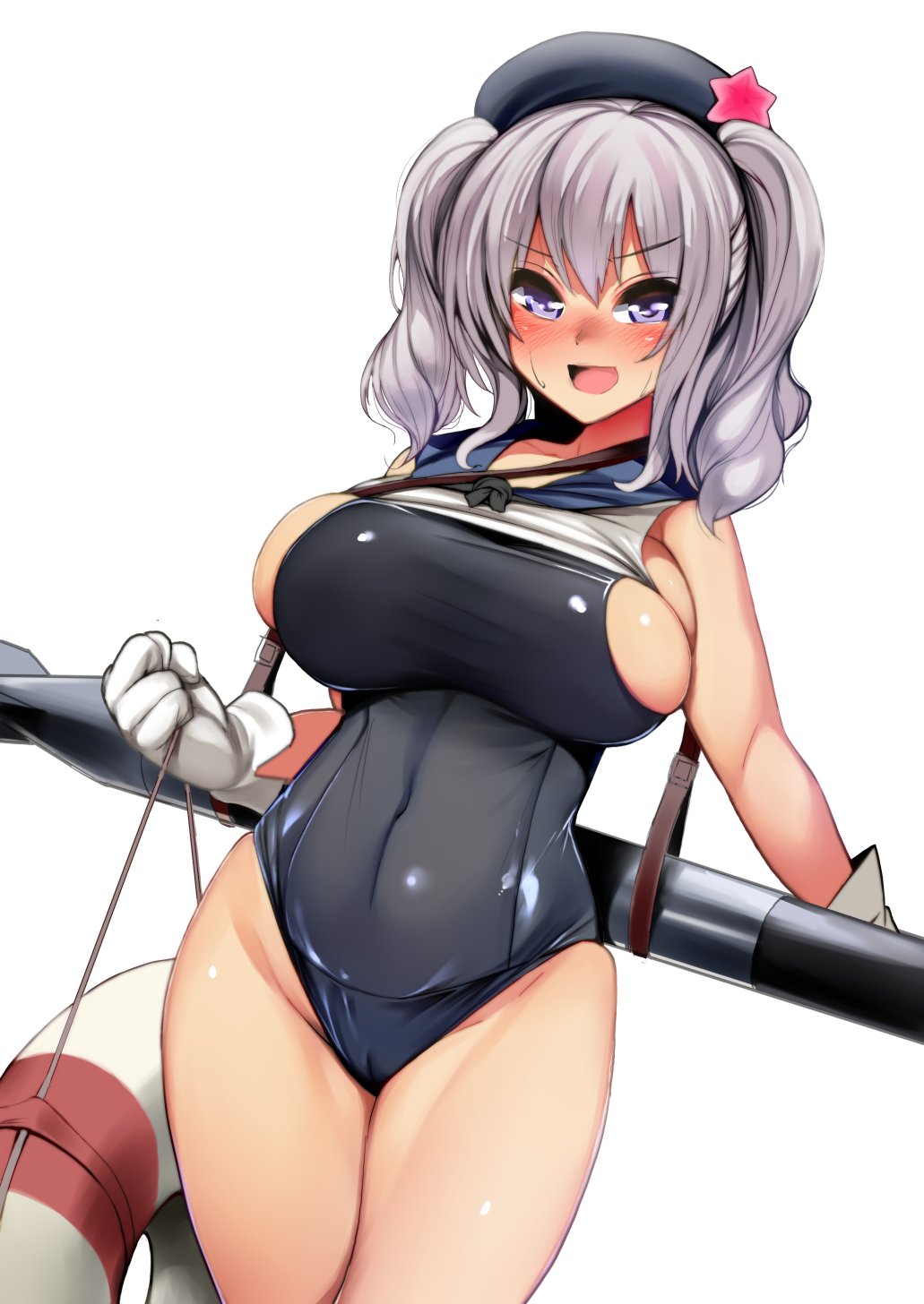1girl beret black_hat black_school_swimsuit blue_eyes blush breasts bursting_breasts crop_top flower gloves hair_flower hair_ornament hat highres kantai_collection kashima_(kantai_collection) large_breasts lifebuoy looking_at_viewer one-piece_swimsuit open_mouth oversized_clothes ro-500_(kantai_collection) sailor_collar school_swimsuit sideboob silver_hair simple_background smile solo standing swimsuit swimsuit_under_clothes tonami_kanji torpedo tsurime twintails wavy_hair white_background white_gloves