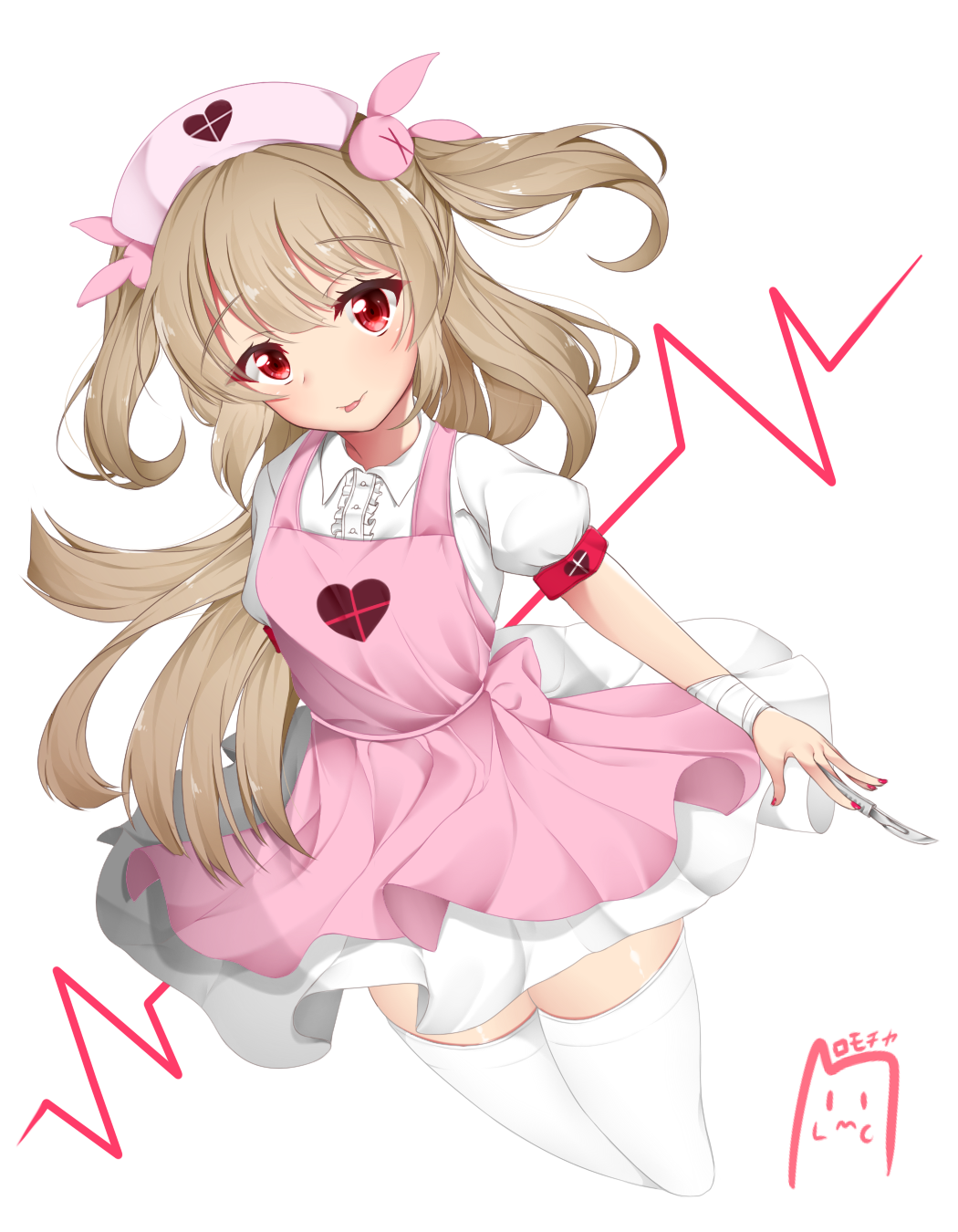 1girl :p apron bandage bangs bunny_hair_ornament dress eyebrows_visible_through_hair frills hair_ornament hat heart highres lifeline light_brown_hair long_hair looking_at_viewer nail_polish natori_sana nurse_cap pink_apron pink_nails puffy_short_sleeves puffy_sleeves red_eyes romocha_(hosachi3784) sana_channel scalpel short_sleeves smile solo thigh-highs tongue tongue_out two_side_up virtual_youtuber white_dress white_legwear wind wind_lift