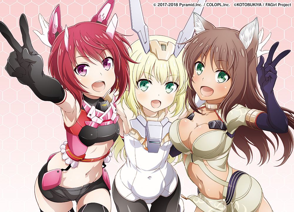 3girls :d alice_gear_aegis animal_ears bangs black_gloves black_legwear blonde_hair breasts brown_hair cat_ears character_request crossover dark_skin elbow_gloves eyebrows_visible_through_hair flat_chest frame_arms_girl gloves green_eyes himukai_rin honeycomb_(pattern) honeycomb_background kaneshiya_sitara kemonomimi_mode large_breasts long_hair looking_at_viewer multiple_girls navel official_art open_mouth redhead short_hair short_shorts shorts smile thigh-highs v violet_eyes