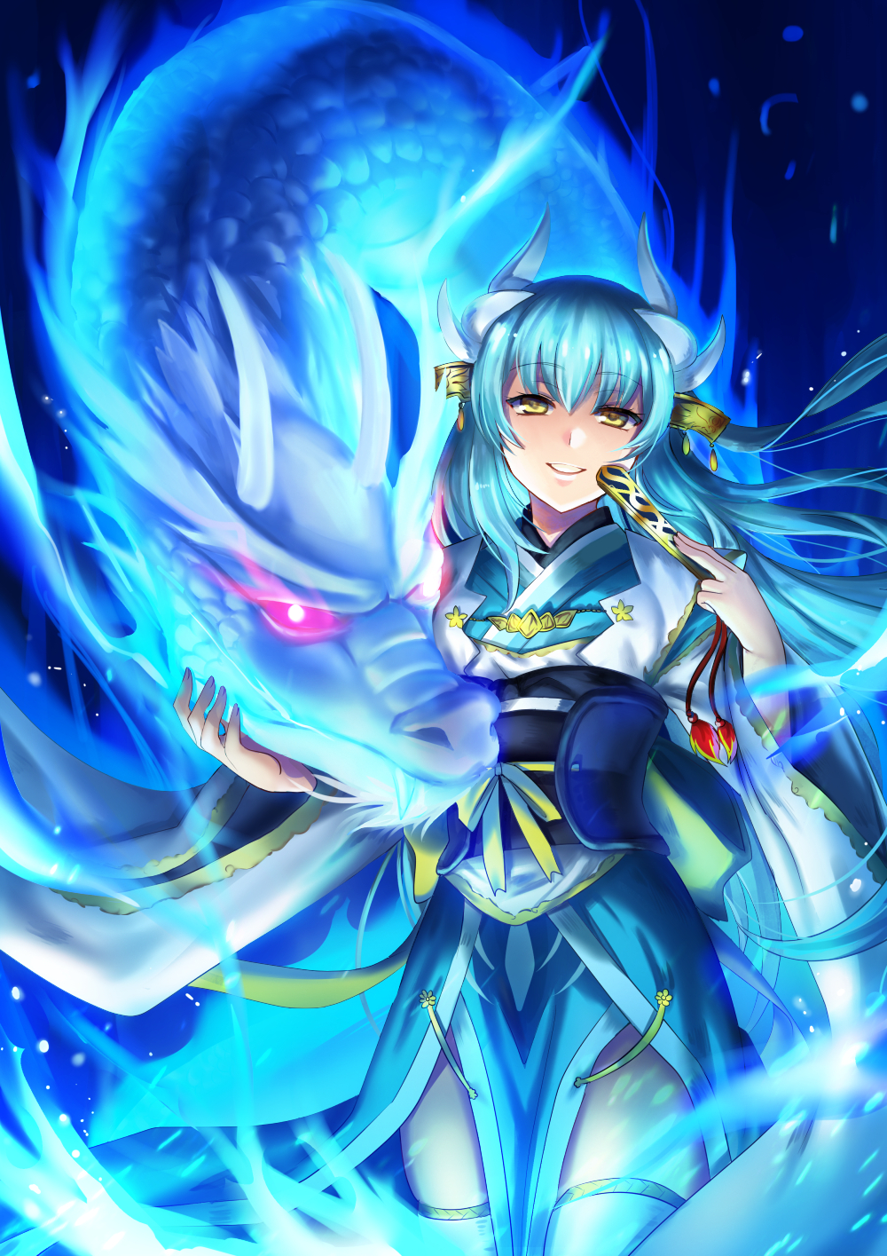 1girl blue_hair blue_kimono cowboy_shot dragon fan fate/grand_order fate_(series) floating_hair forest grin hair_ornament highres holding holding_fan horns japanese_clothes kimono kiyohime_(fate/grand_order) long_hair looking_at_viewer nature pixiv_fate/grand_order_contest_1 ribbon sanaki_(mookeymuknet) smile solo standing thigh-highs very_long_hair white_legwear yellow_eyes yellow_ribbon