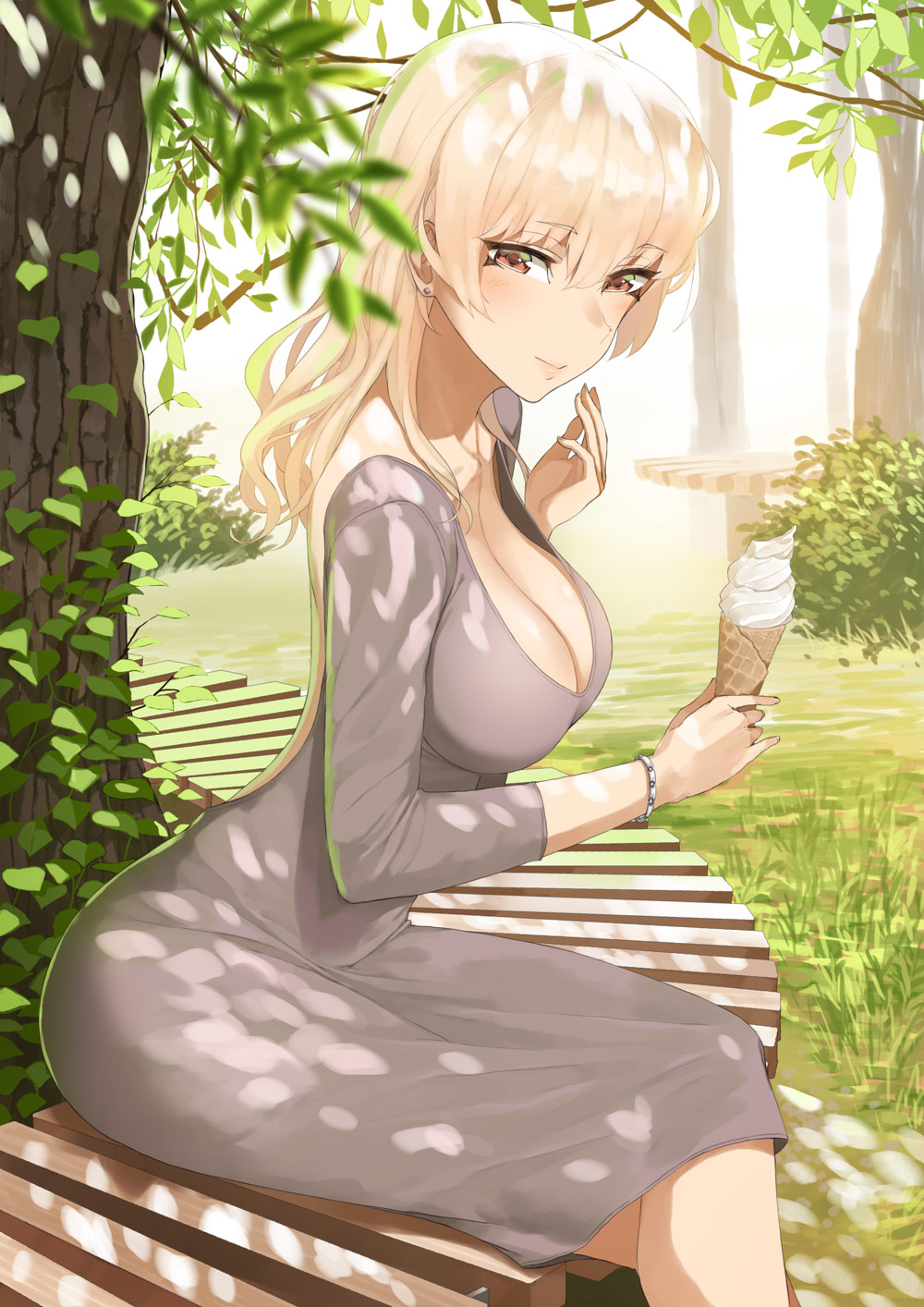 1girl backless_outfit bench blonde_hair breasts brown_eyes cleavage closed_mouth commentary dress english_commentary eyebrows_visible_through_hair food from_side grass grey_dress highres holding ice_cream ice_cream_cone large_breasts legs_crossed long_sleeves looking_at_viewer open-back_dress original outdoors smile solo throtem tree tree_shade wristband