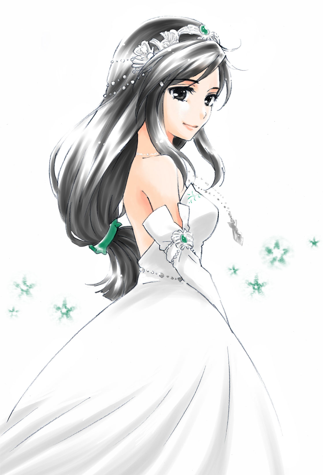 1girl black_hair breasts commentary_request dress final_fantasy final_fantasy_ix garnet_til_alexandros_xvii highres jewelry kokonotsu_(popoxxx0516) long_hair necklace sideboob solo tiara wedding_dress