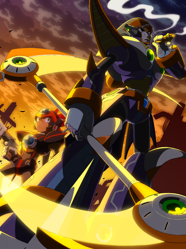 2boys android axl capcom cigar clouds energy_blade energy_weapon gun handgun helmet holding holding_weapon male_focus multiple_boys napo pistol red_(rockman_x7) robot_ears rockman rockman_x rockman_x7 scar scythe sky smoke smoking standing weapon