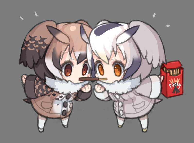 2girls animal_ears bird_tail brown_eyes brown_hair chibi coat commentary commentary_request eurasian_eagle_owl_(kemono_friends) food fur_collar head_wings kemono_friends multicolored_hair multiple_girls northern_white-faced_owl_(kemono_friends) owl_ears pocky pocky_kiss ran_system shared_food white_hair yellow_eyes