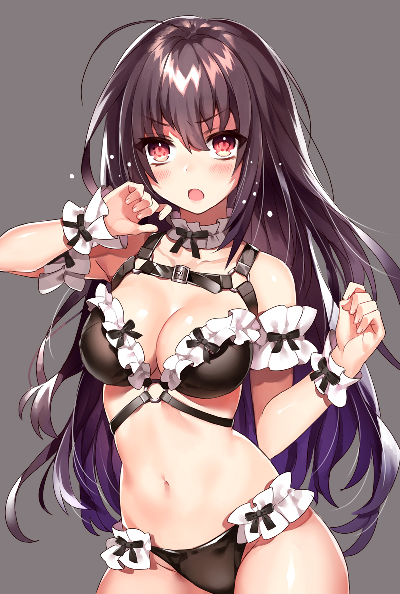 1girl belt blush breasts brown_hair cleavage commentary_request grey_background long_hair looking_at_viewer medium_breasts navel open_mouth original red_eyes simple_background solo user_fvsd2278 wrist_cuffs