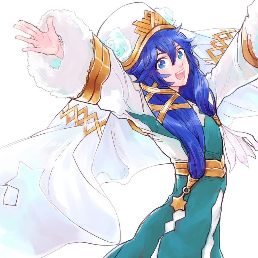 1girl blue_dress blue_eyes blue_hair cosplay dress fire_emblem fire_emblem:_kakusei fire_emblem_heroes fur_trim gunnthra_(fire_emblem) gunnthra_(fire_emblem)_(cosplay) hair_between_eyes long_hair long_sleeves lucina nezumoto open_mouth outstretched_arms simple_background solo spread_arms veil white_background