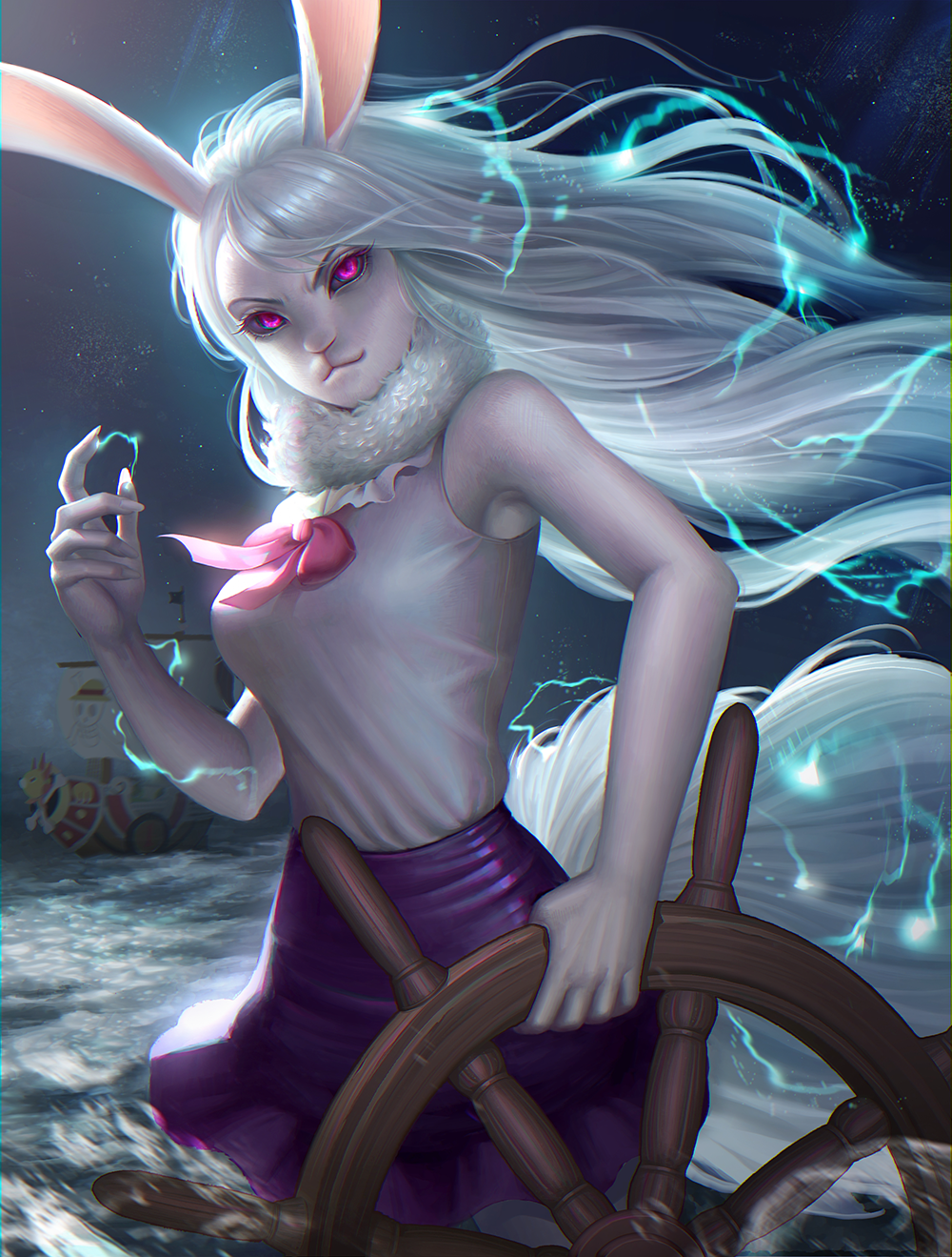 1girl animal_ears carrot_(one_piece) electricity highres long_hair looking_at_viewer looking_back night night_sky ocean one_piece pale_skin pink_eyes pink_ribbon purple_skirt rabbit_ears ribbon rudder silver_hair skirt sky sleeveless solo tail thousand_sunny water yunxuan_fu