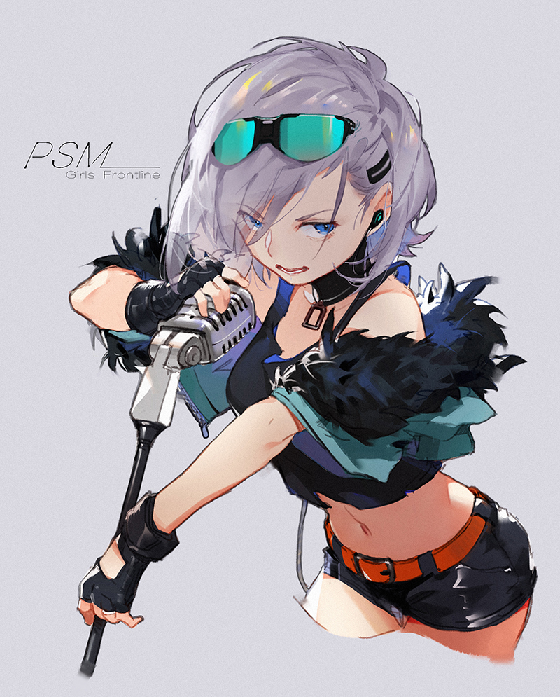 1girl alternate_costume bare_shoulders black_gloves black_shorts blue_eyes breasts character_name choker copyright_name cowboy_shot crop_top cropped_legs earphones eyebrows_visible_through_hair eyes_visible_through_hair eyewear_on_head feather_trim girls_frontline gloves grey_background grey_hair hair_ornament hairclip medium_breasts microphone microphone_stand midriff navel off_shoulder open_mouth orange_belt partly_fingerless_gloves psm_(girls_frontline) short_hair short_sleeves shorts simple_background sketch sola7764 solo teeth zipper