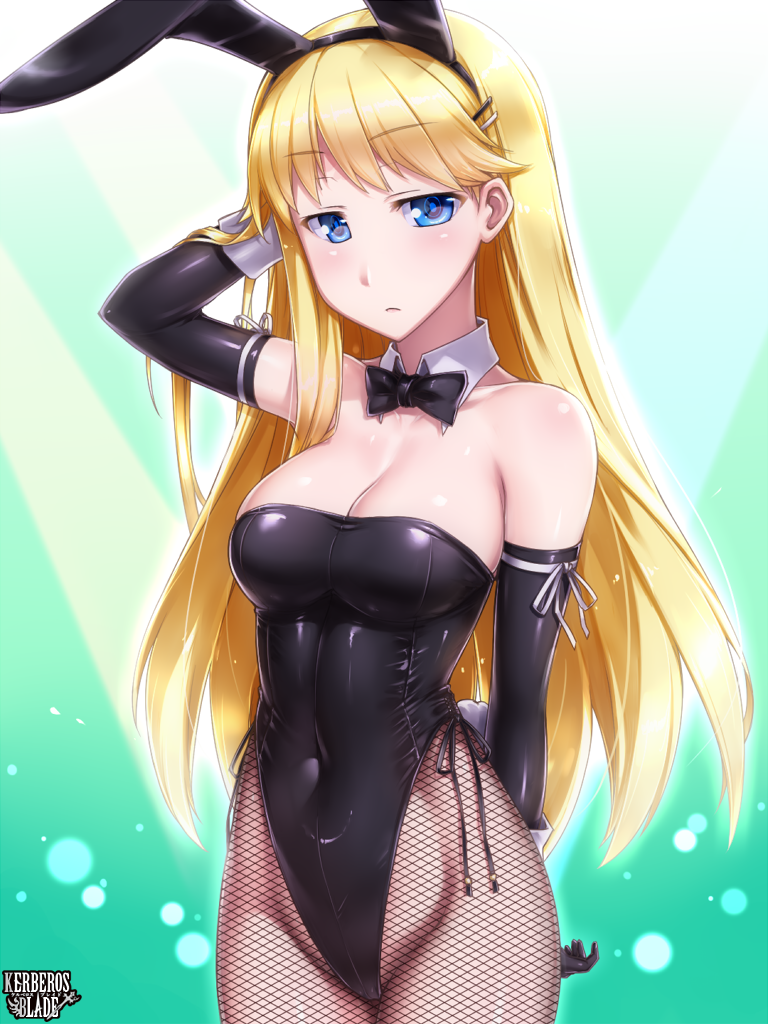 1girl animal_ears arm_behind_back arm_behind_head black_gloves black_leotard black_neckwear blonde_hair blue_eyes bow bowtie breasts bunny_girl bunny_tail bunnysuit character_request cleavage cocytus_(wind_master) cowboy_shot detached_collar elbow_gloves fishnet_pantyhose fishnets gloves gradient gradient_background green_background kerberos_blade large_breasts leotard looking_at_viewer pantyhose rabbit_ears solo strapless strapless_leotard tail wrist_cuffs
