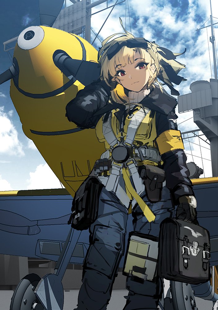 1girl adjusting_hair aircraft aircraft_carrier bag bf_109 blonde_hair blue_sky clipboard clouds eyebrows_visible_through_hair from_below goggles goggles_on_head harness landing_gear looking_at_viewer military military_vehicle original propeller red_eyes satchel ship siqi_(miharuu) sketch sky smile solo warship watercraft