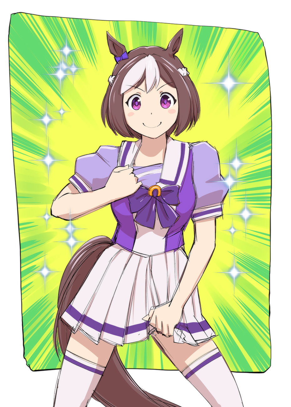 1girl animal_ears blush_stickers braid brown_hair emphasis_lines french_braid giorno_giovanna highres horse_ears horse_tail jojo_no_kimyou_na_bouken jojo_pose looking_at_viewer multicolored_hair parody pleated_skirt pose puffy_short_sleeves puffy_sleeves short_hair short_sleeves skirt smile sparkle special_week streaked_hair tail thigh-highs ueyama_michirou umamusume vento_aureo violet_eyes zettai_ryouiki