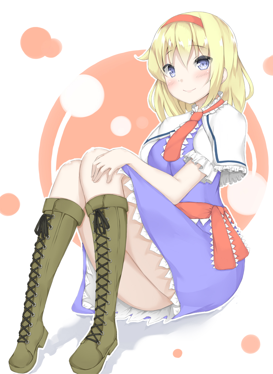 1girl alice_margatroid artist_request bare_legs blonde_hair blue_eyes boots cross-laced_footwear eyebrows_visible_through_hair headband highres knees_together_feet_apart lace-up_boots looking_at_viewer sitting touhou