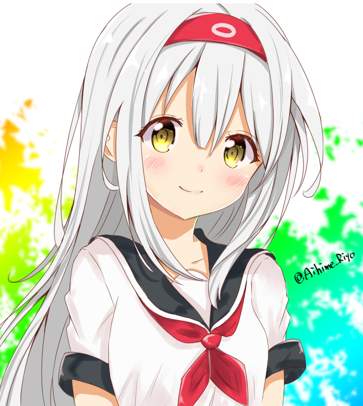 1girl aihime_riyo artist_name blush hair_between_eyes hairband kantai_collection long_hair looking_at_viewer neckerchief red_hairband red_neckwear school_uniform serafuku shirt short_sleeves shoukaku_(kantai_collection) silver_hair smile solo upper_body very_long_hair white_shirt yellow_eyes younger