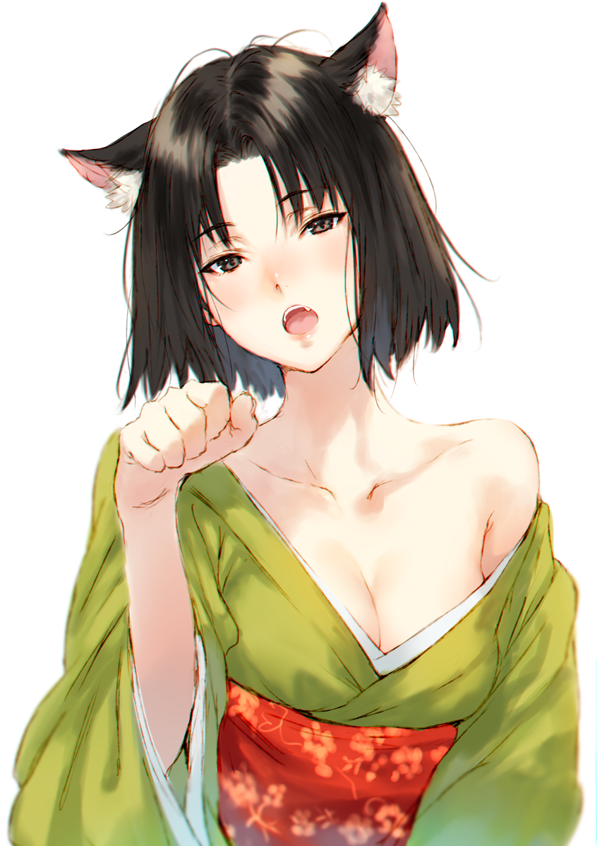 1girl animal_ears black_eyes black_hair breasts cat_ears collarbone eyebrows_visible_through_hair fang japanese_clothes kara_no_kyoukai kimono makimura_shunsuke medium_breasts off_shoulder paw_pose ryougi_shiki short_hair simple_background solo upper_body white_background